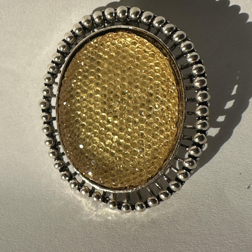Large Oval Yellow Resin Pendant Silver Tone Beaded Frame Statement Boho Charm